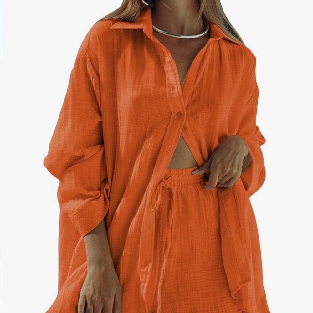 Orange Button-Up Shirt and Skirt Set